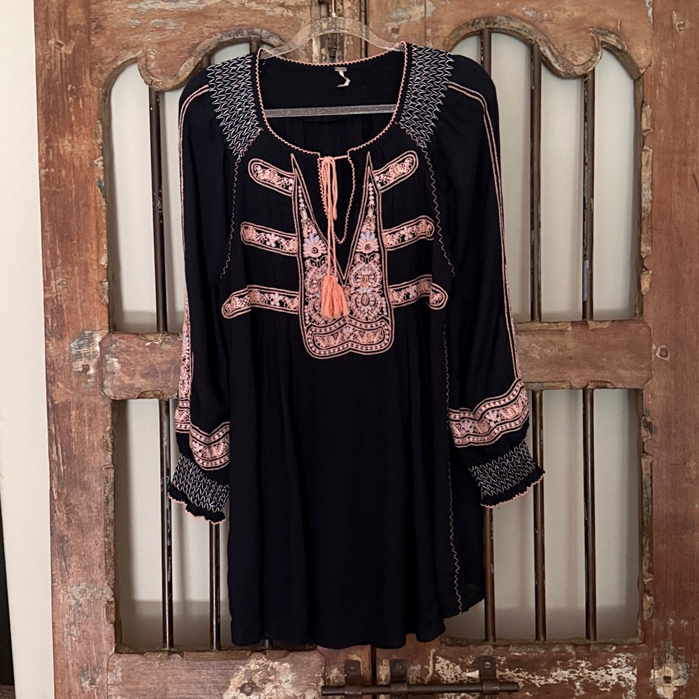 Bohemian Black and Pink Embroidered Dress